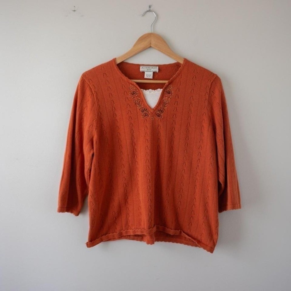 Vintage Cottage Allison Daley Orange Pointelle Embroidered Top Size Petite L